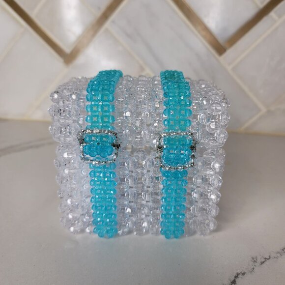 Handcrafted Beaded musical Jewelry trinket Box With Clear & Turquoise Beads - Picture 11 of 11